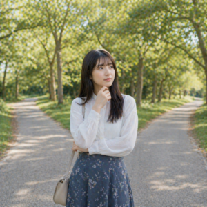 人生の選択に悩みながら前を見つめる日本人女性のリアルな写真