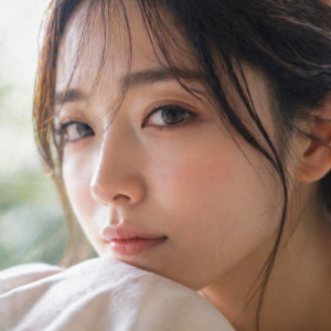 室内でリラックスしながら自然な表情を見せる日本人女性の写真風イメージ