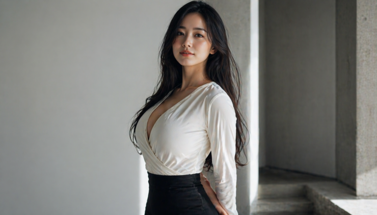 自然光に包まれたスタジオで落ち着いた表情を見せる日本人女性のリアル写真風イメージ