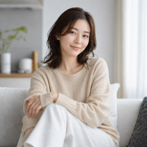室内でリラックスしながら自然な表情を見せる日本人女性の写真風イメージ