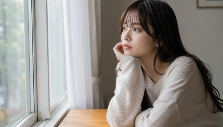 窓際で静かに考え込む日本人女性を写したリアルな写真風イメージ