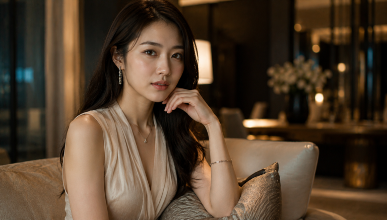 落ち着いた高級感のある室内で柔らかな表情を見せる日本人女性のリアル写真