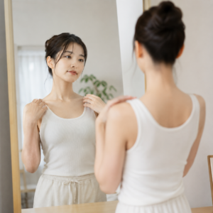 鏡の前で姿勢を整えながら自分の体のラインを確認する日本人女性の自然な様子