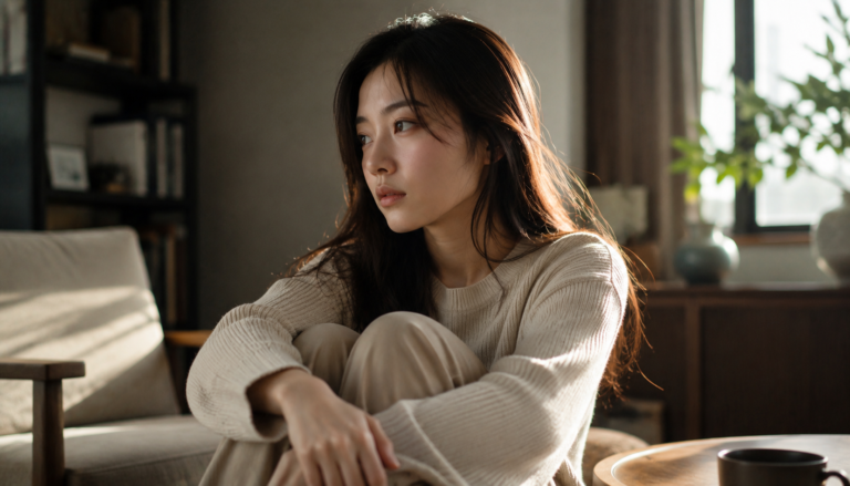 柔らかな自然光の中で落ち着いた表情を見せる日本人女性のリアルな雰囲気を捉えた写真
