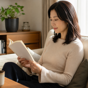 落ち着いた部屋で読書を楽しむ大人の日本人女性のリアルな写真風イメージ