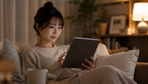 落ち着いた部屋でタブレットを見ながらリラックスしている日本人女性の自然な生活風景
