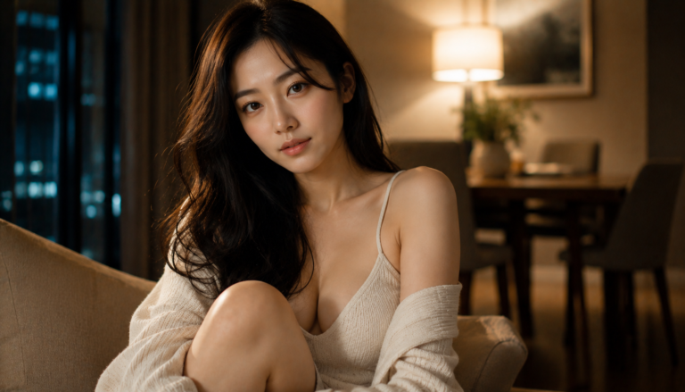 落ち着いた室内で柔らかな表情を見せる黒髪の日本人女性のリアル写真風イメージ