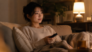 暖かい照明の部屋でリラックスしながら映像を楽しむ日本人女性のリアル写真風イメージ