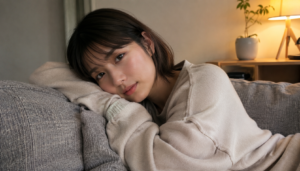 柔らかな照明の部屋でリラックスする日本人女性のリアル写真風イメージ