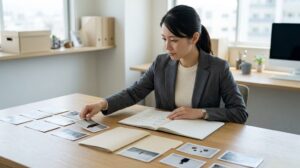 活動時期ごとの資料を年代順に整理する成人日本人女性のイメージ